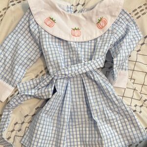 Adorable Blue and White Checkered Kids Dress with Pumpkin Detail